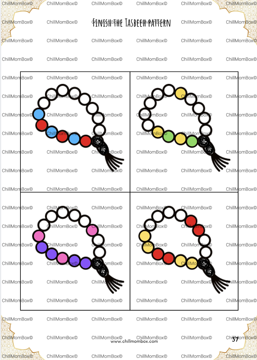 Pattern chart for rosary beads with colored links on a white background.