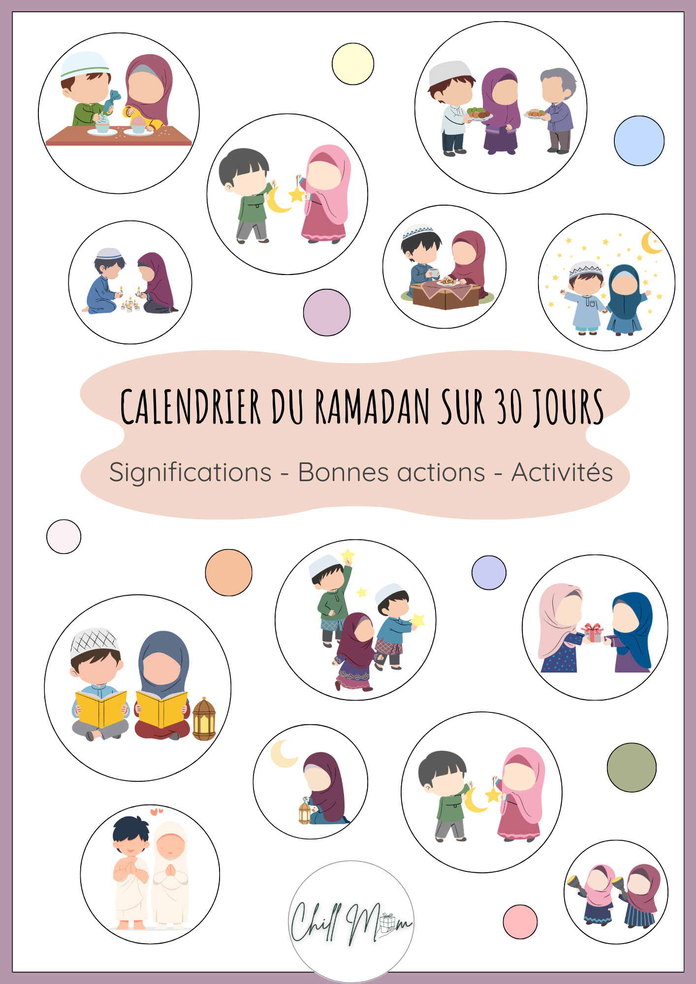 Calendar of Ramadan activities with cartoon illustrations on a light pink background