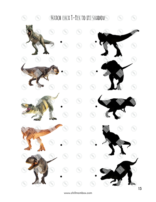 Worksheet with T-Rex illustrations and their shadows to match