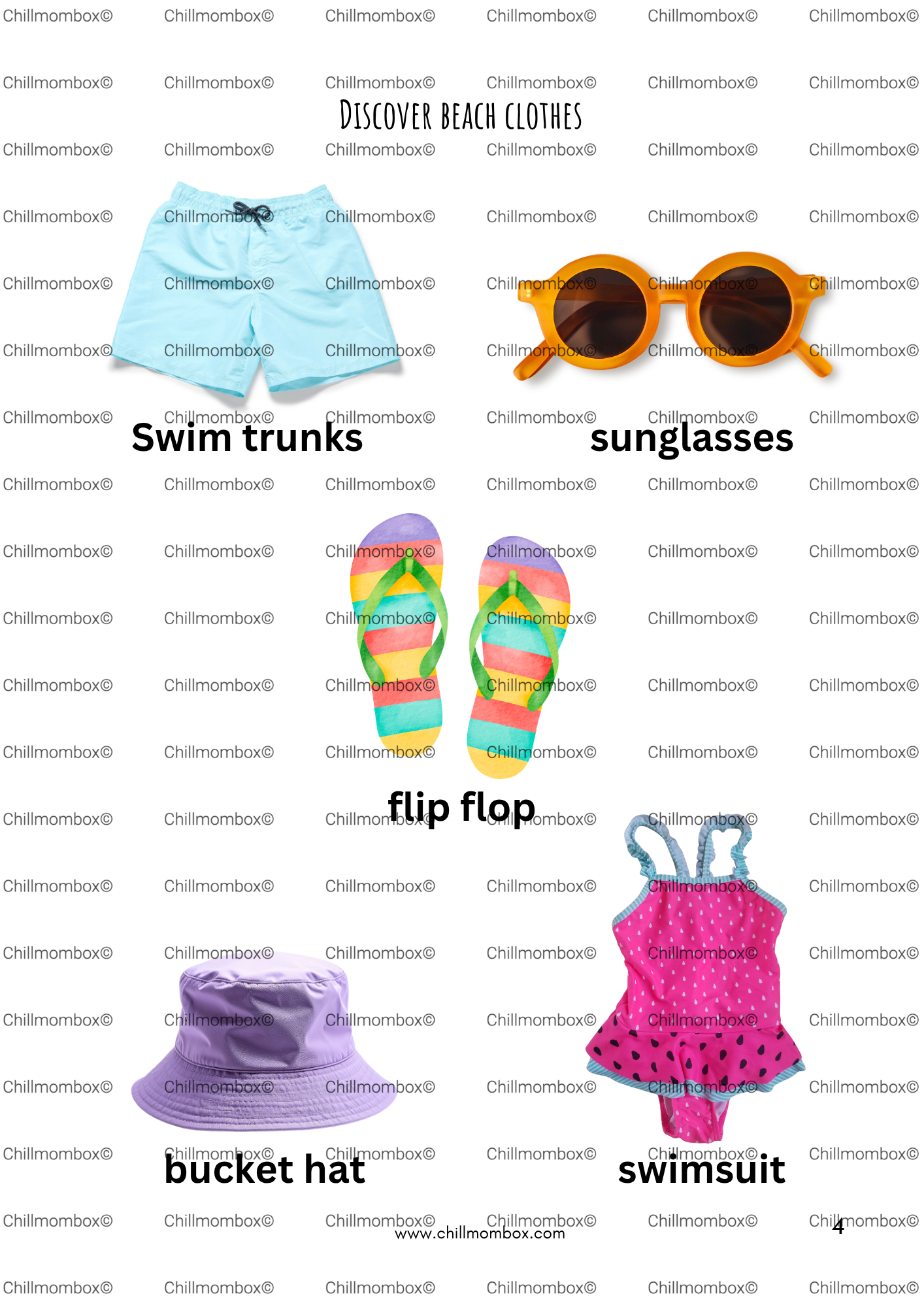 Collection of beach clothing and accessories with labels 