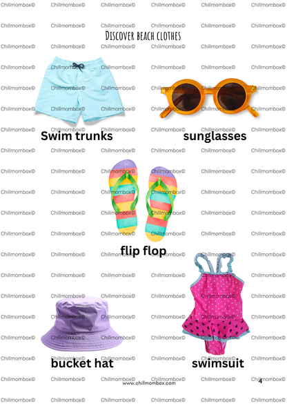 Collection of beach clothing and accessories with labels 