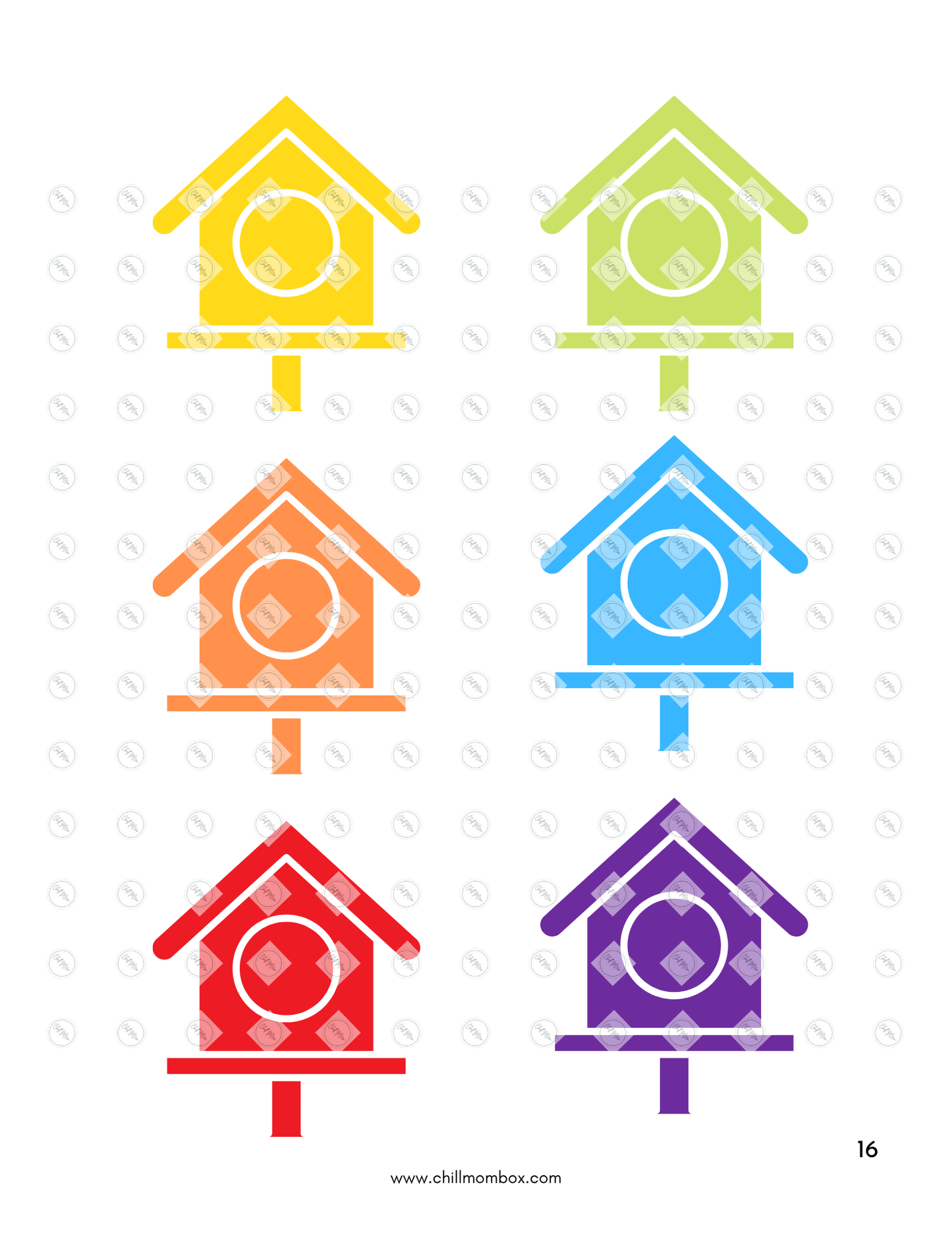 Colorful birdhouse illustrations on a white background