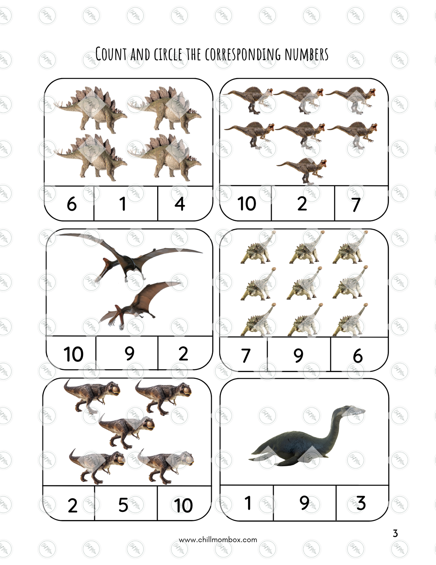 Educational worksheet with dinosaur illustrations and numbers for counting and matching exercises.