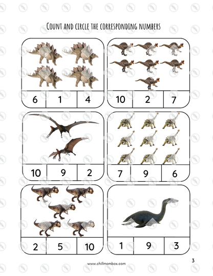 Educational worksheet with dinosaur illustrations and numbers for counting and matching exercises.