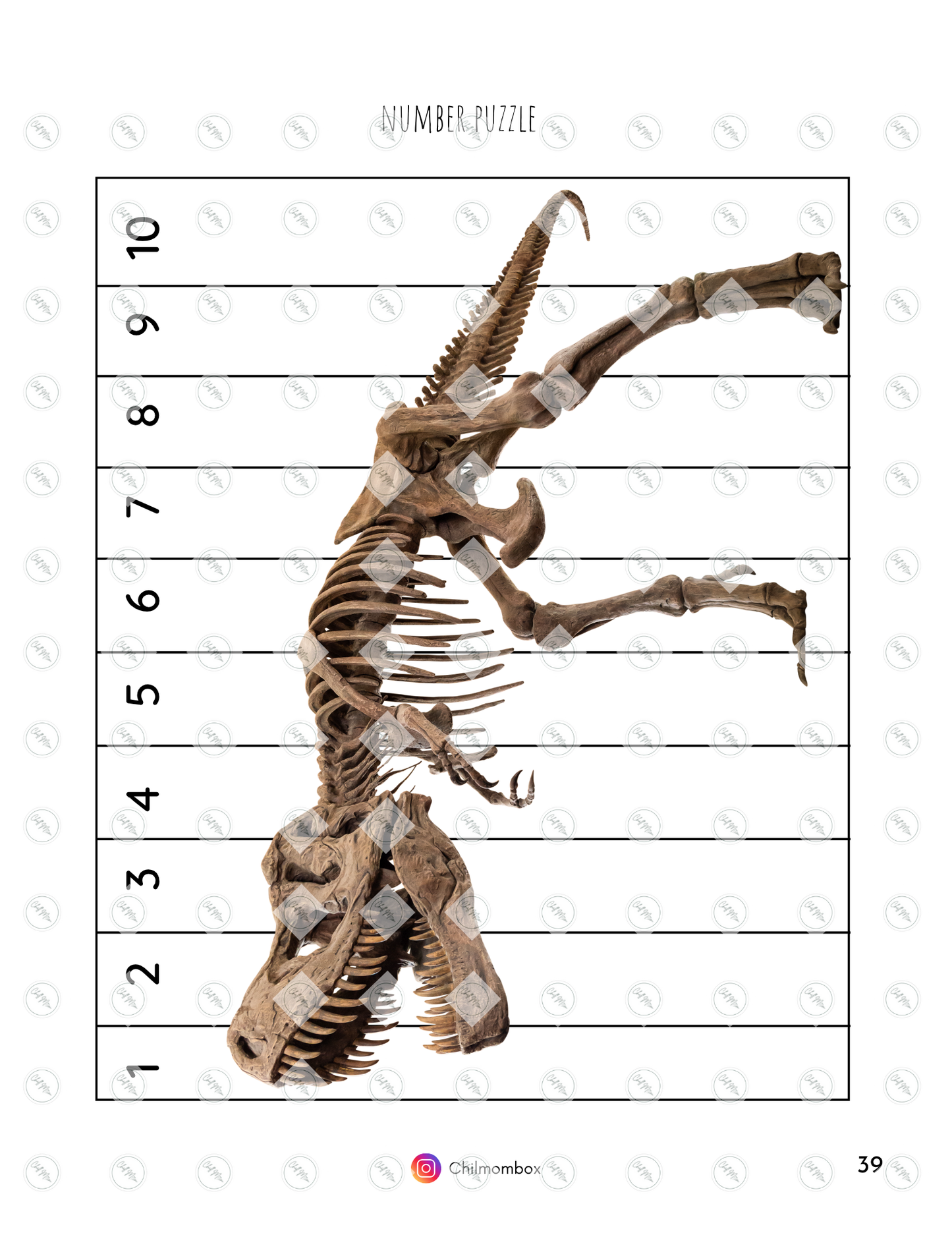 Dinosaur skeleton number puzzle on a white background
