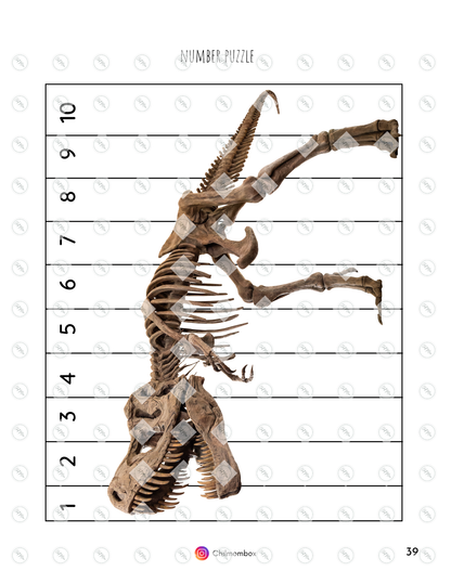 Dinosaur skeleton number puzzle on a white background