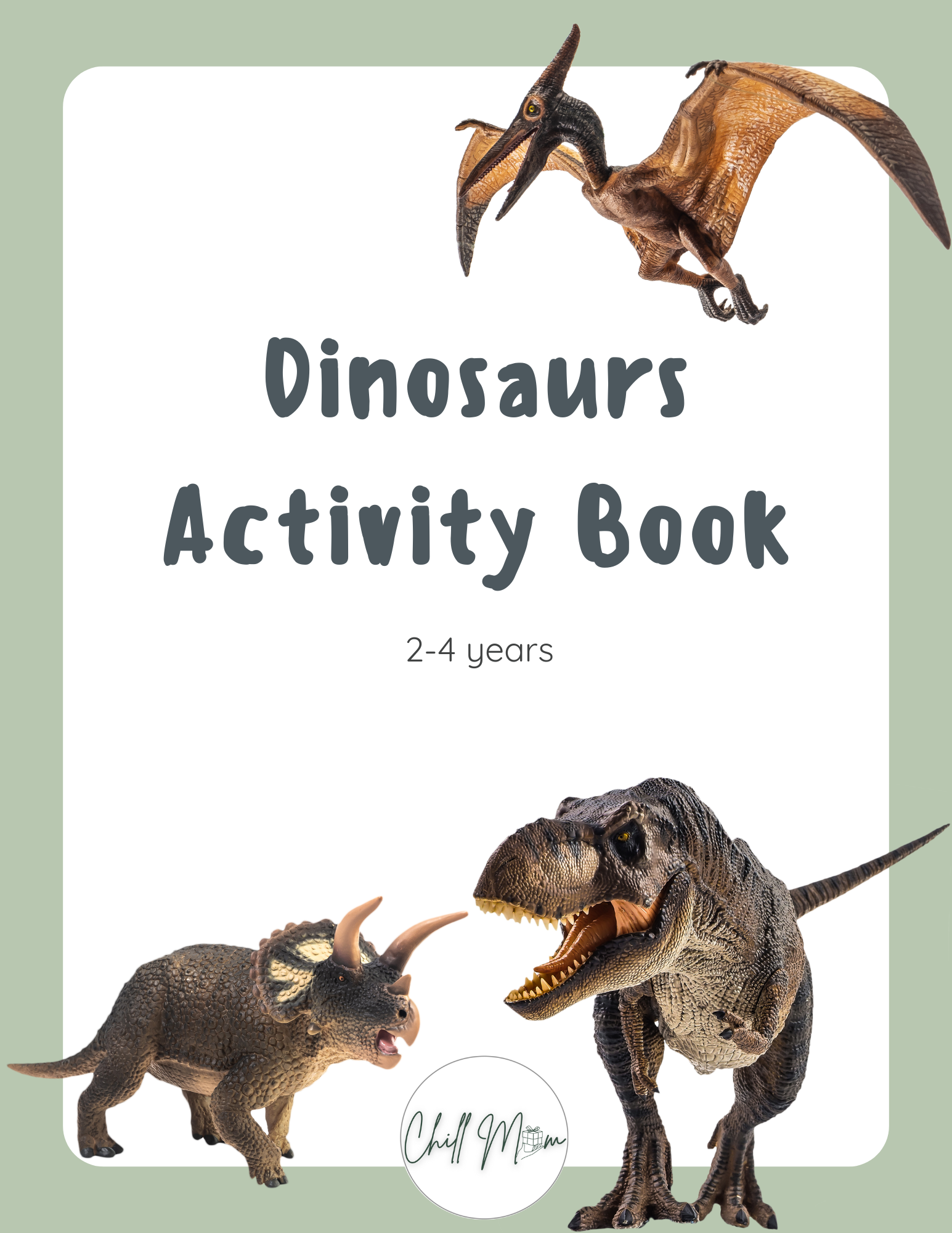 Dinosaurs Activity Book cover with three dinosaurs on a light green background