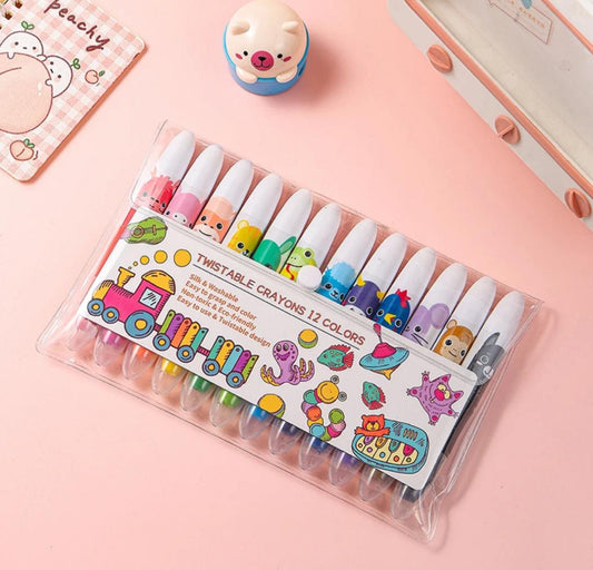 Set of twistable crayons with colorful designs on a pink background