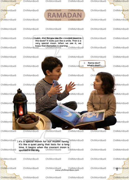 Two children sitting at a table with a Ramadan-themed book and crescent moon, surrounded by 'ChillMom' branding.