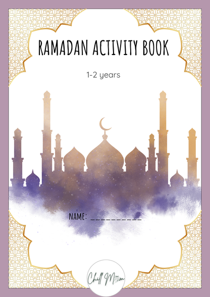 Cover of a Ramadan activity book for 1-2 years old with a mosque silhouette design.