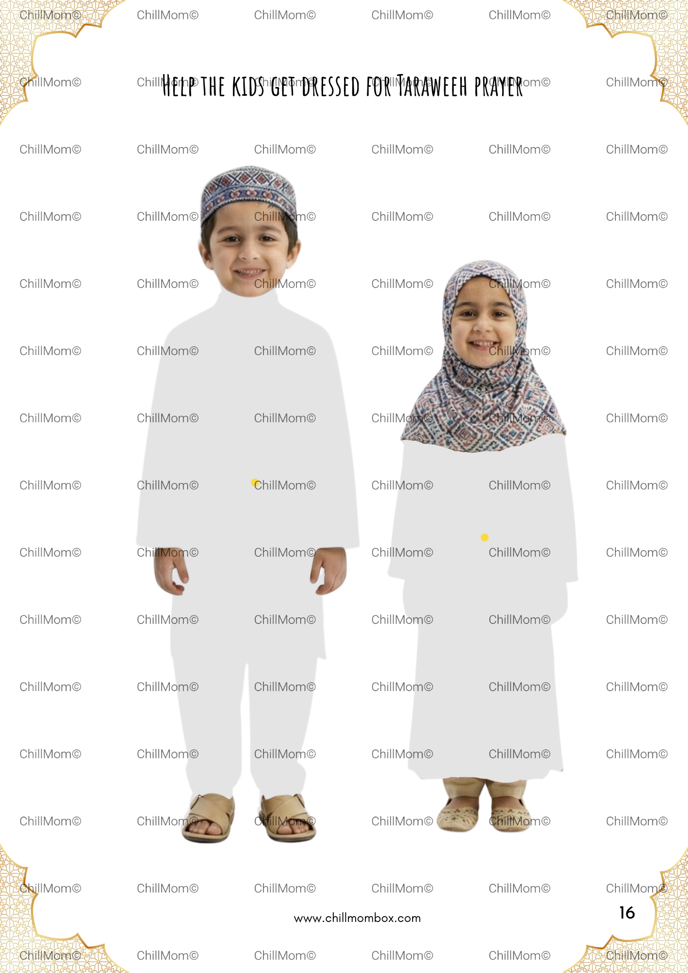 Two children in matching prayer outfits on a white background with 'ChillMom' branding.