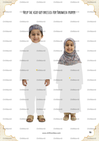 Two children in matching prayer outfits on a white background with 'ChillMom' branding.