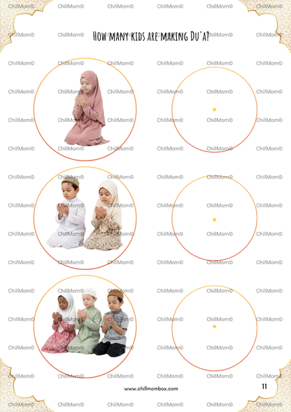 Children's prayer mat with images of children praying and text 'How many kids are making Du'aa?'