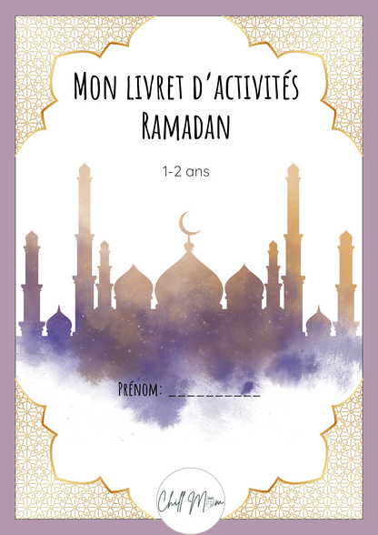 Cover of a children's activity book titled 'Mon Livret d'Activités Ramadan' with a mosque silhouette design.