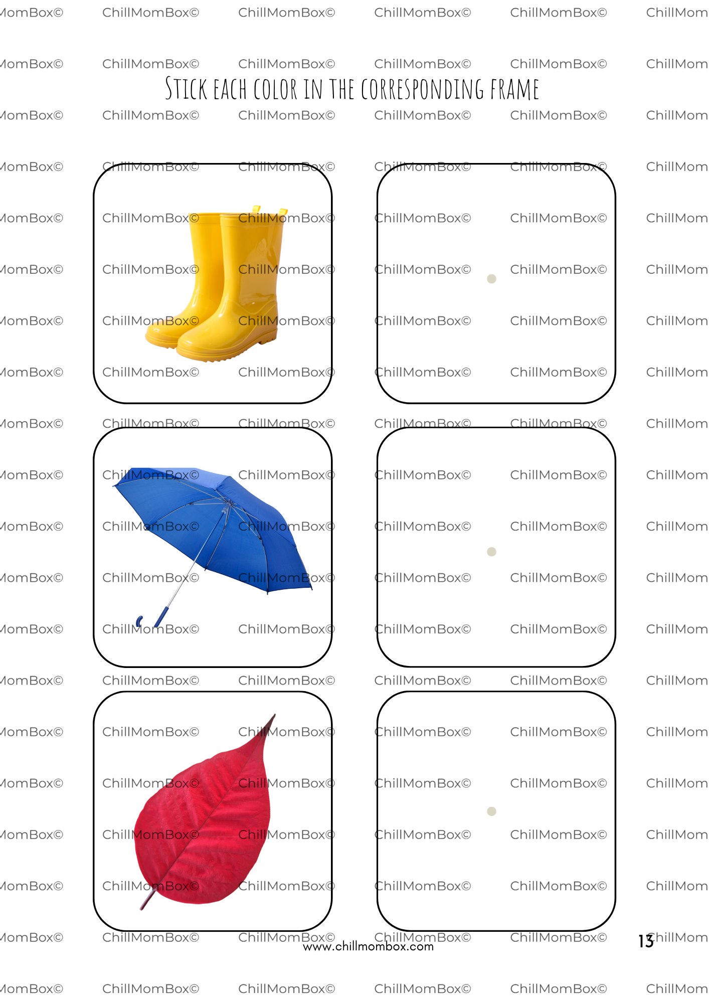 Color matching activity with yellow rain boots, blue umbrella, and red leaf on a white background.