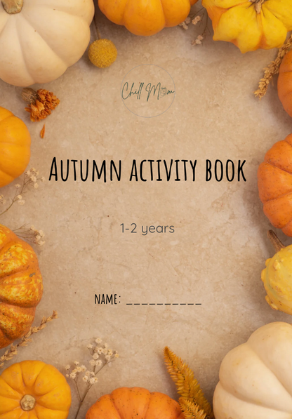 Autumn activity book cover with pumpkins and leaves on a textured background