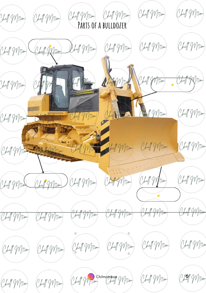 Diagram of a bulldozer with labeled parts on a white background