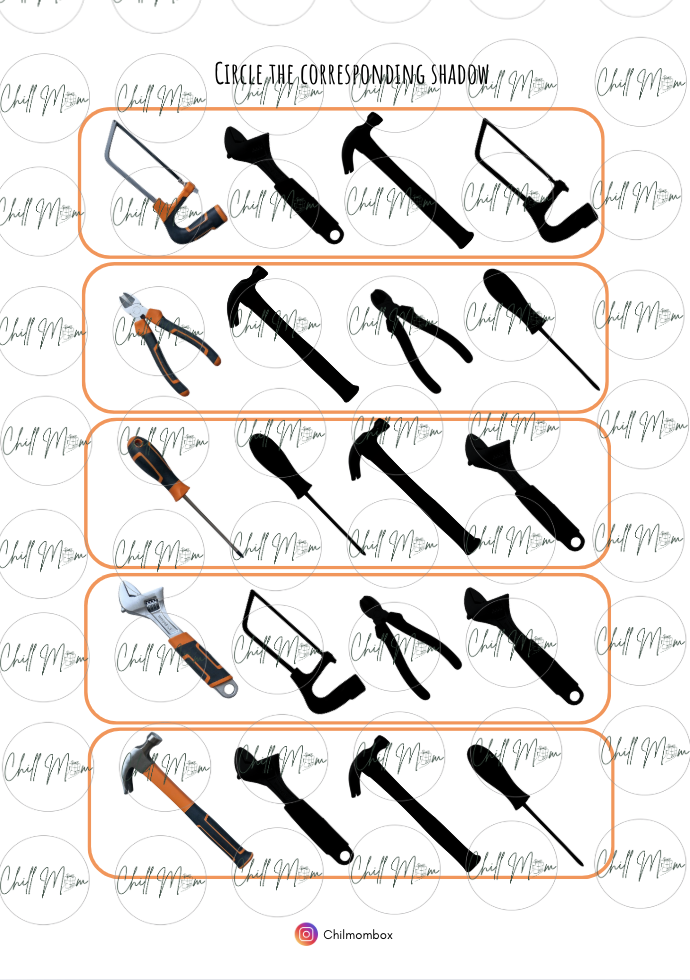 Worksheet with tool icons and their corresponding shadows to circle, featuring Chilmonbox branding.