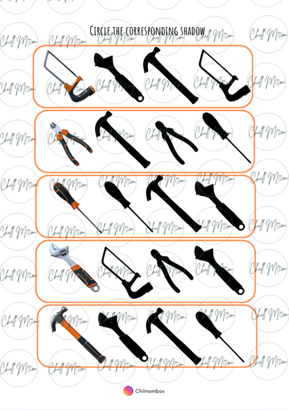 Worksheet with tool icons and their corresponding shadows to circle, featuring Chilmonbox branding.