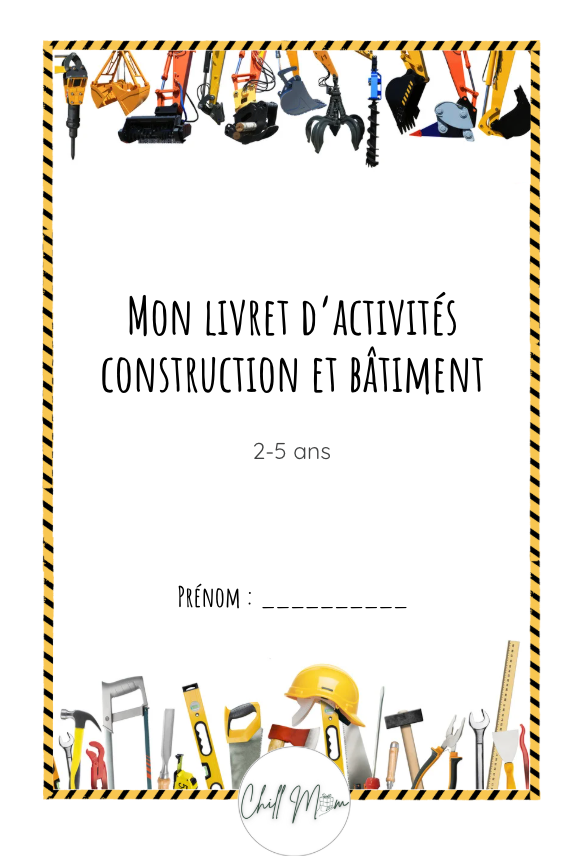 Cover of a children's activity book titled 'Mon livret d'activités construction et bâtiment' with construction tools illustrations.