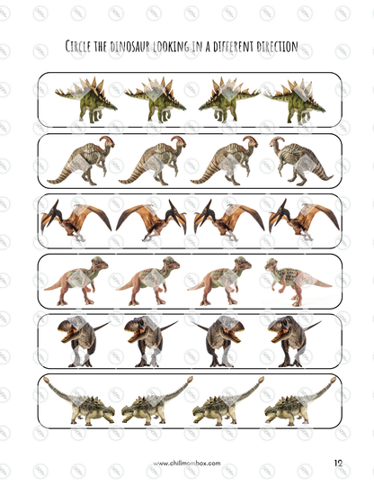 Sheet of dinosaur illustrations with a worksheet on a white background