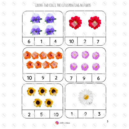Educational worksheet with flowers and numbers for counting and matching exercise.